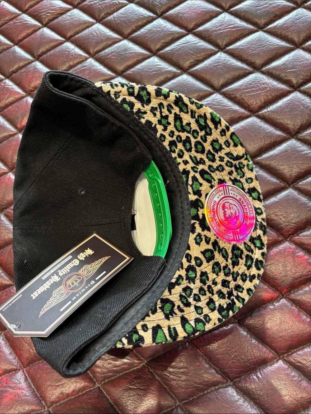 Professional Style Leopard Print Snapback Hat in Tan, Black & Green - Picture 2 of 2